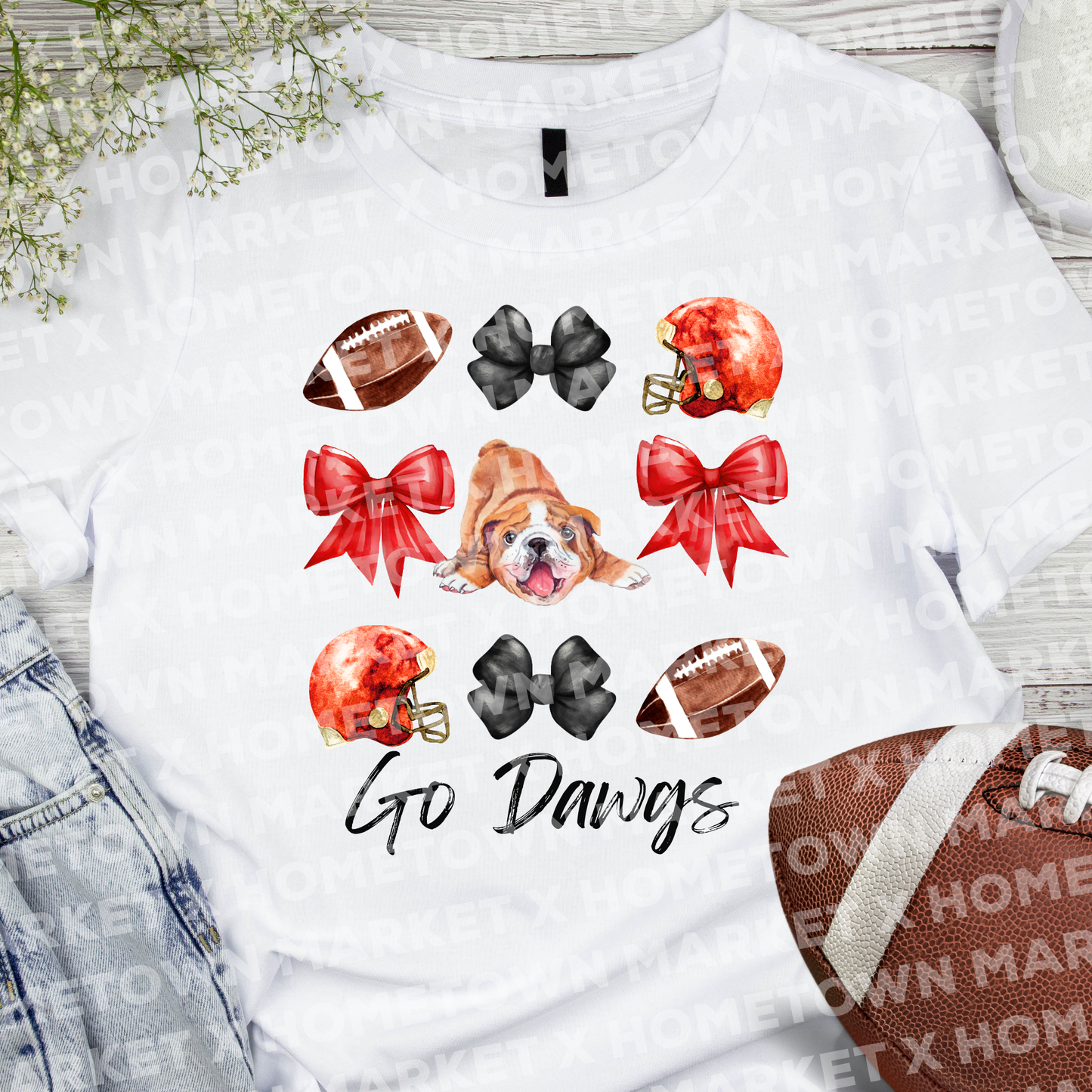 "Georgia Bows + Football" TShirt - Size 5XL