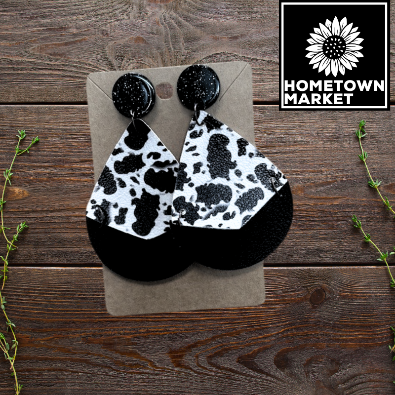 Split Teardrop Dangles: Black + Cow Print