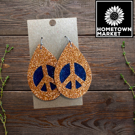 Peace Teardrop Dangles: Blue Shimmer + Orange Glitter